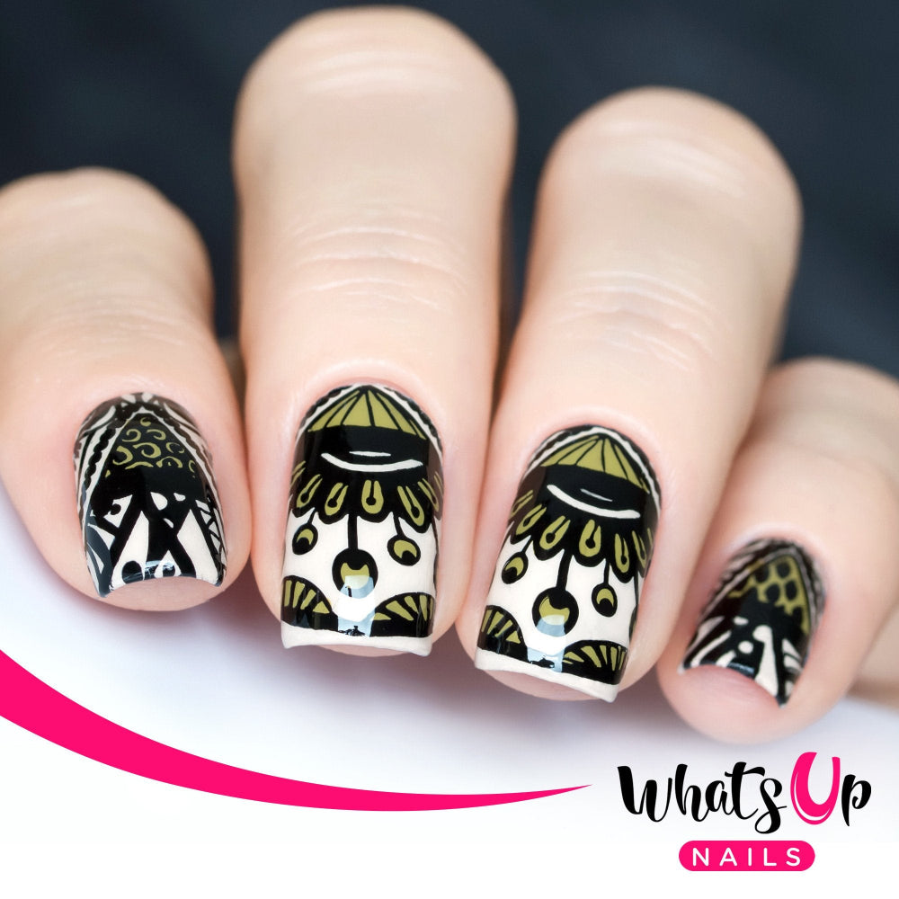 pattern nail art, white, olive and black 