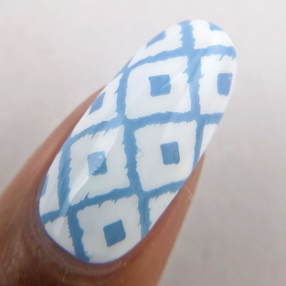 denim stamping polish on white base 
