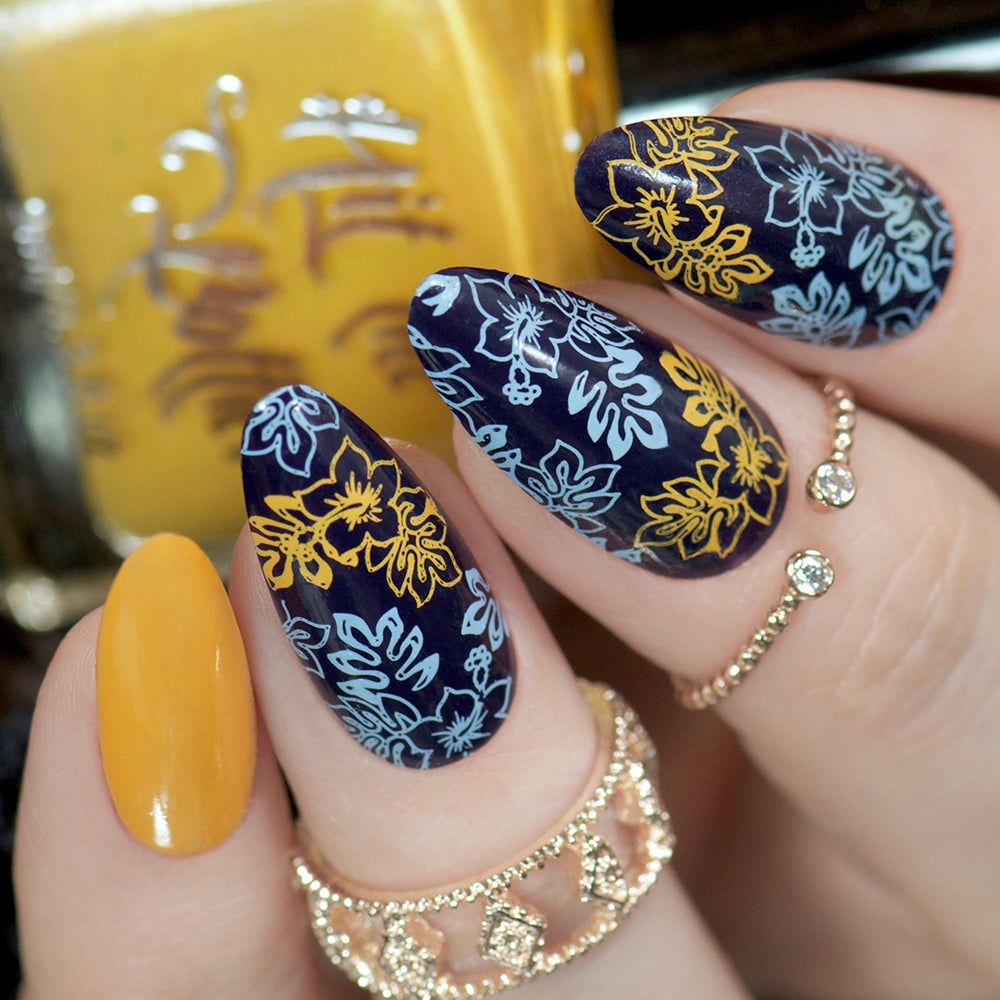 yellow and blue stamping nail art flowers 