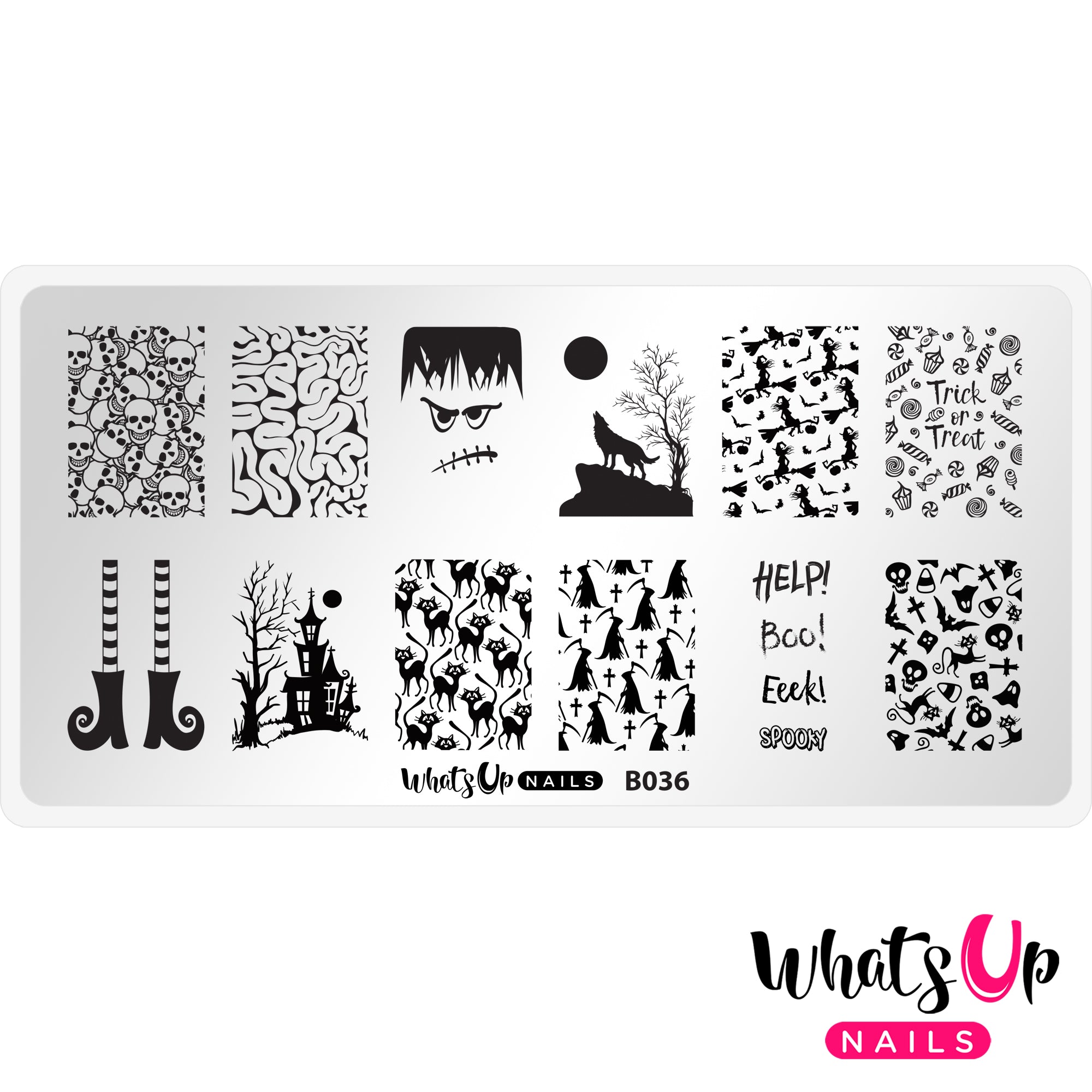 Whats Up Nails - B036 - Eeks and Screams stamping plate